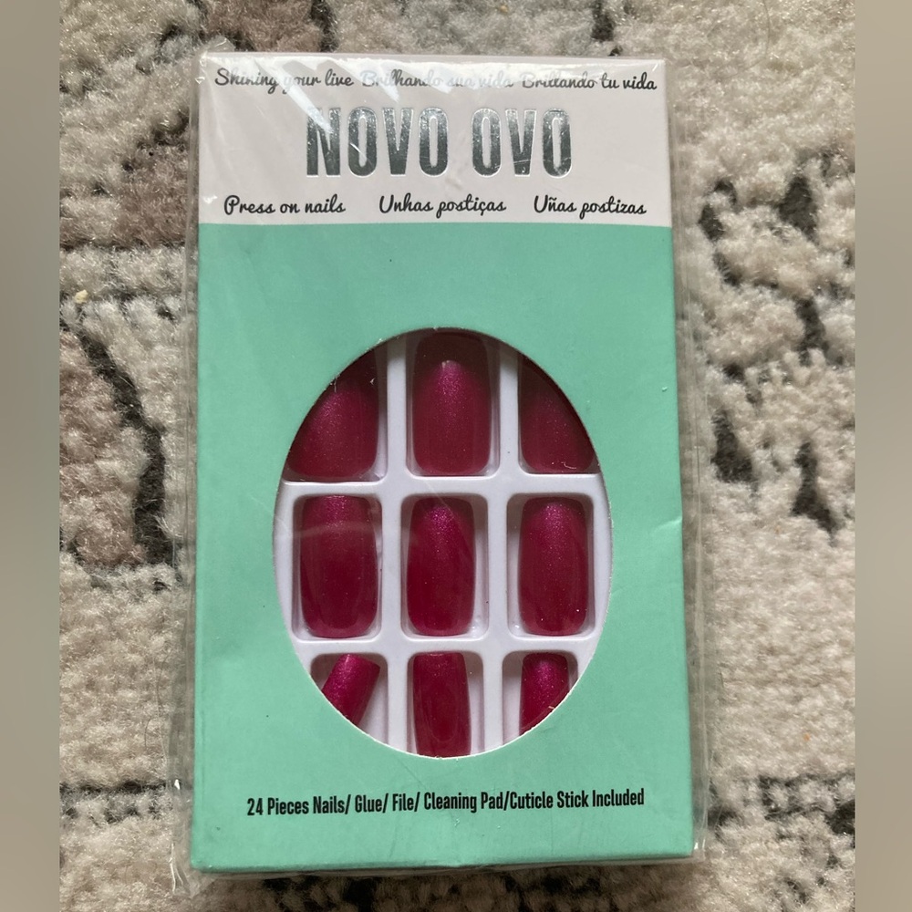 NEW Novo Ovo Wider Fit Press On Nail Kit w Glue - 24 Piece - Glimmering Fuscia